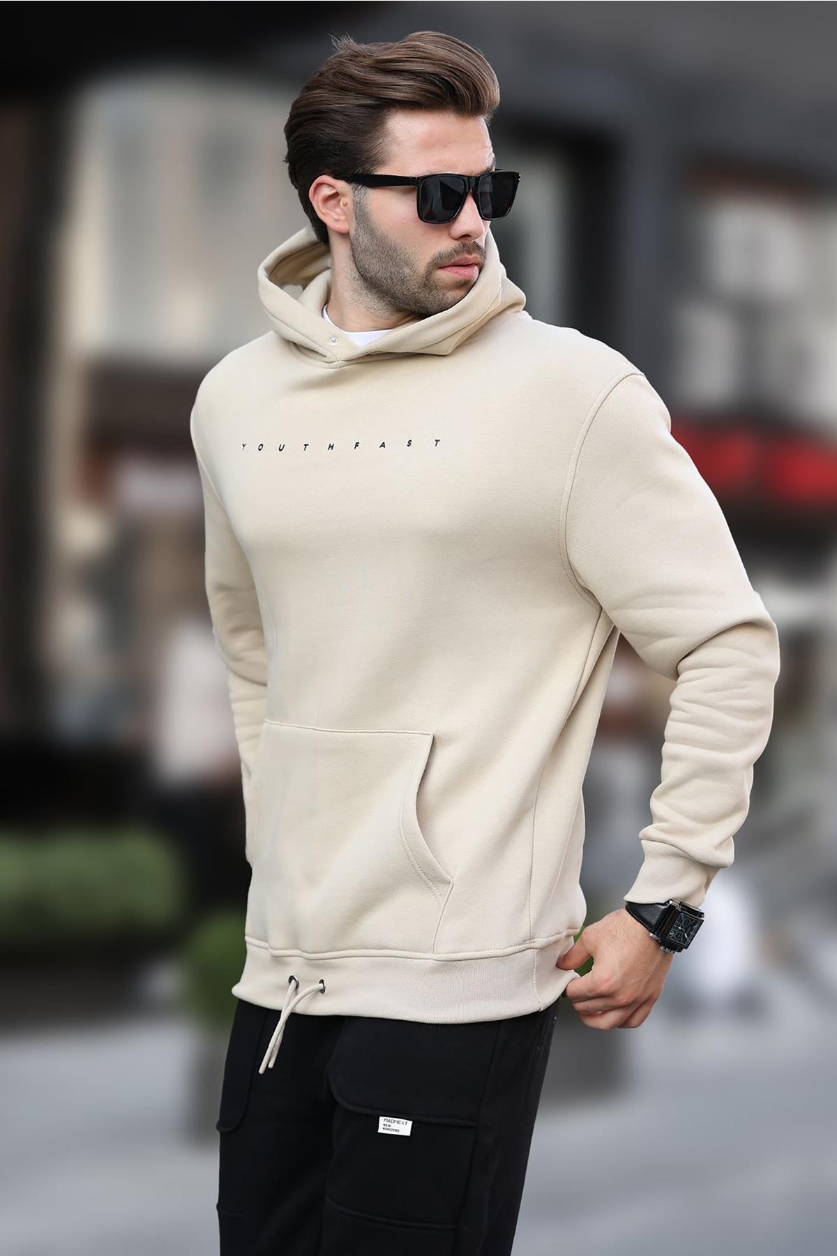 Bej Kapüşonlu Baskılı Erkek Sweatshirt 7077