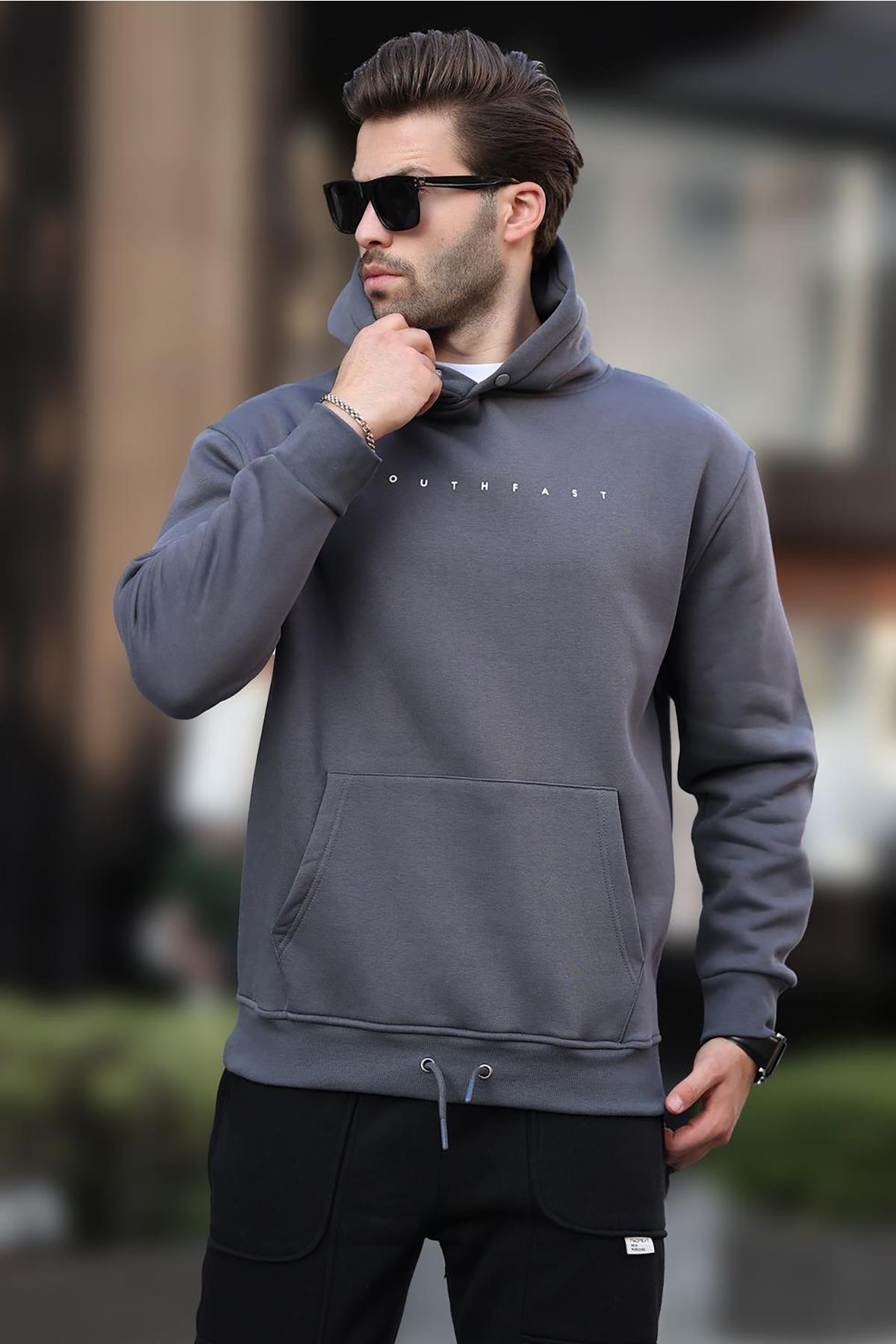 Füme Kapüşonlu Baskılı Erkek Sweatshirt 7077