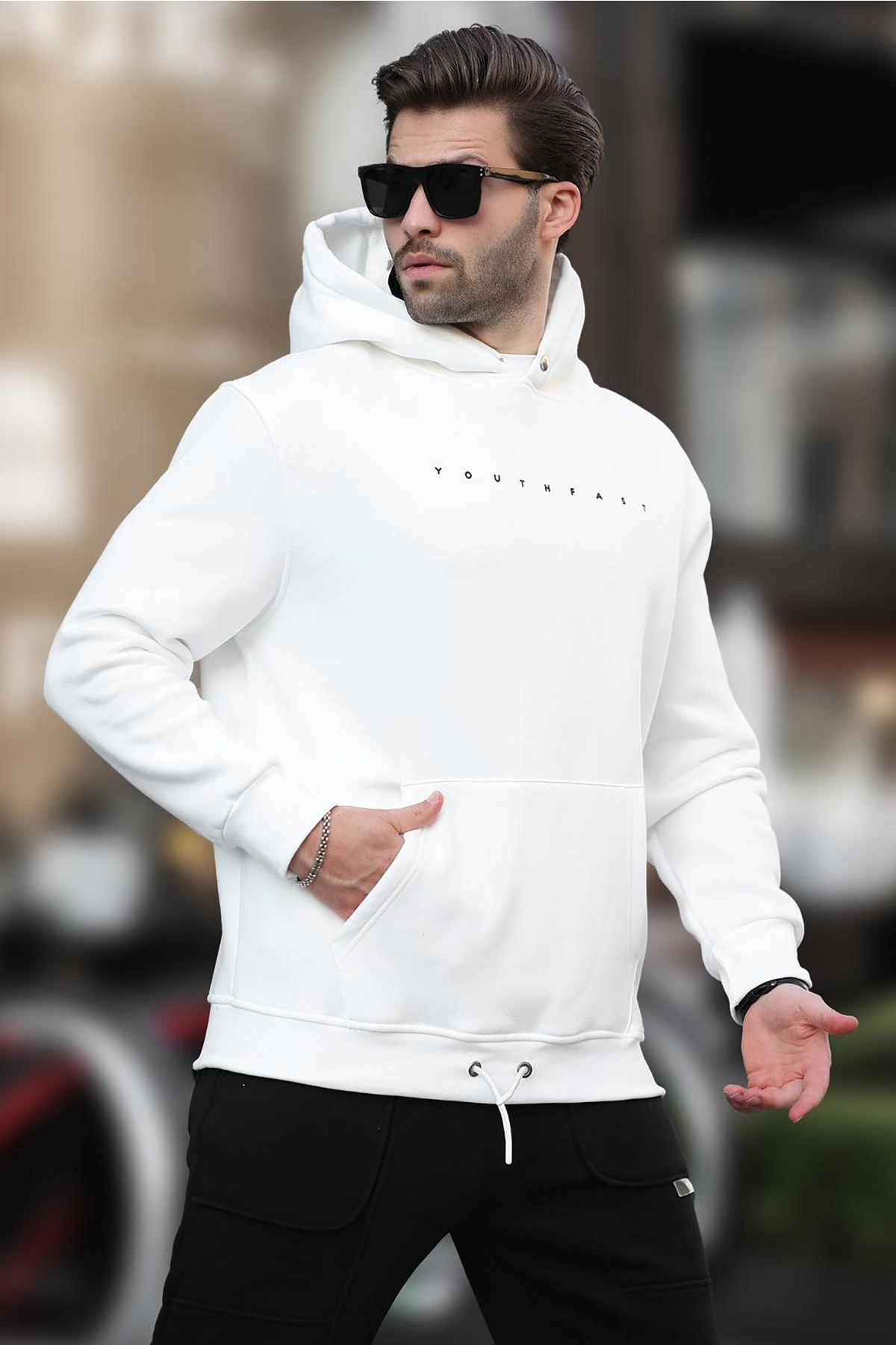 Ekru Kapüşonlu Baskılı Erkek Sweatshirt 7077