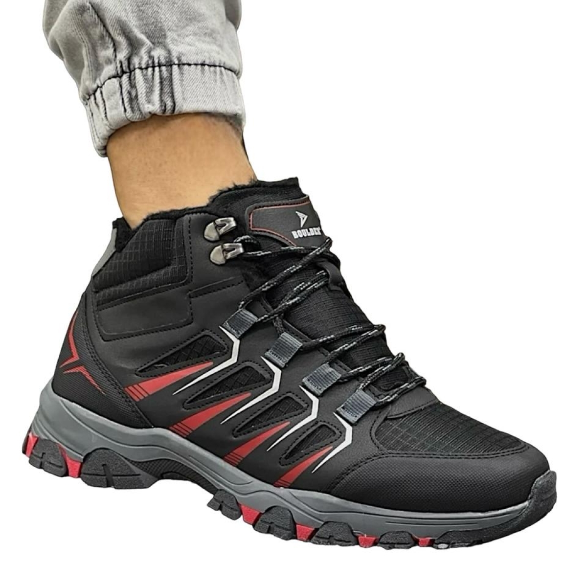 Erkek İçi Yünlü Fermuarlı Su İtici Trekking Outdoor Bot SİYAH-KIRMIZI - Görsel 6