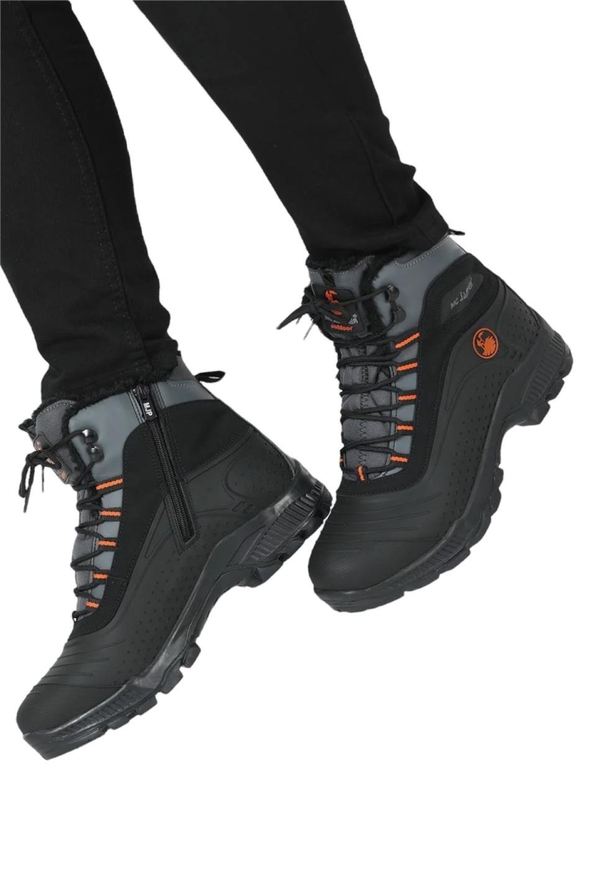 Erkek Su ve Soğuğa Dayanıkı İçi Yünlü Kaymaz Kauçuk Taban Fermuarlı Trekking Outdoor Bot SİYAH - TURUNCU - Görsel 7