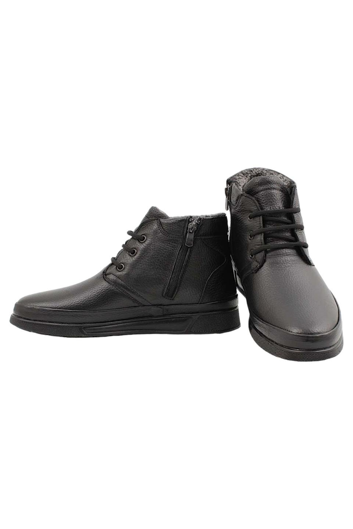 Erkek Hakiki Deri İçi Kürklü Fermuarlı Bağcıklı Bot SİYAH - Görsel 8