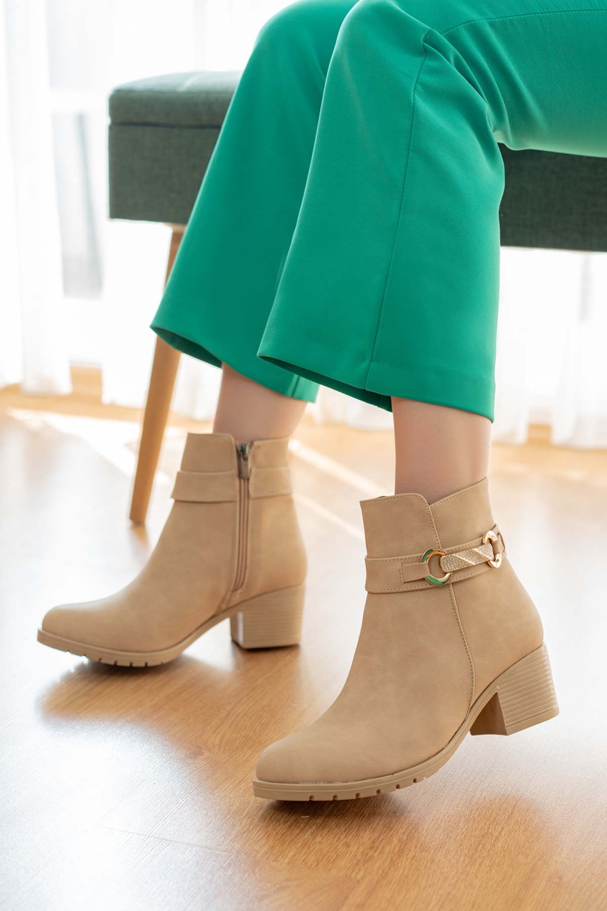 Just Nude Yanı Taş Tokalı (5 cm Topuklu ) Yuvarlak Burun Topuklu Bot - Görsel 5