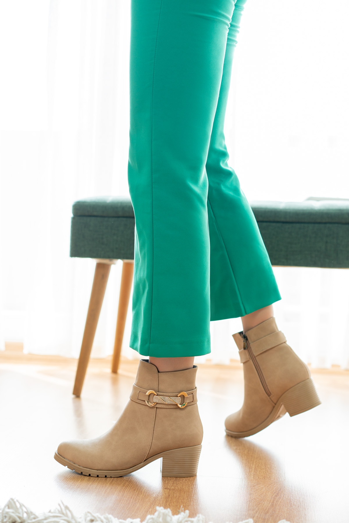 Just Nude Yanı Taş Tokalı (5 cm Topuklu ) Yuvarlak Burun Topuklu Bot - Görsel 6