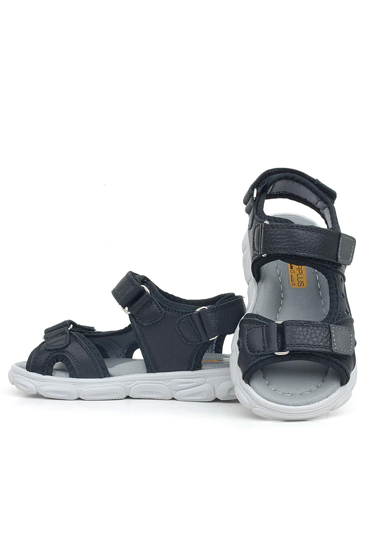 Flint Hakiki Deri Siyah Gri Çocuk Sandalet - Görsel 7
