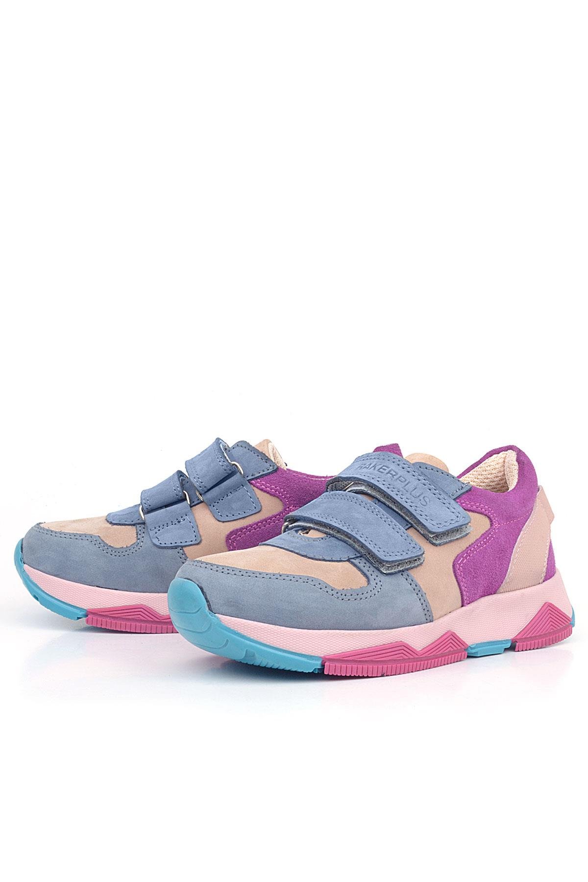 Hakiki Deri Pudra Mavi Fuşya Çocuk Sneakers Spor Ayakkabı - Görsel 5