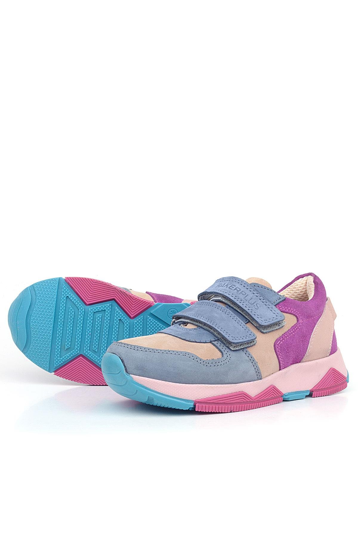 Hakiki Deri Pudra Mavi Fuşya Çocuk Sneakers Spor Ayakkabı - Görsel 6