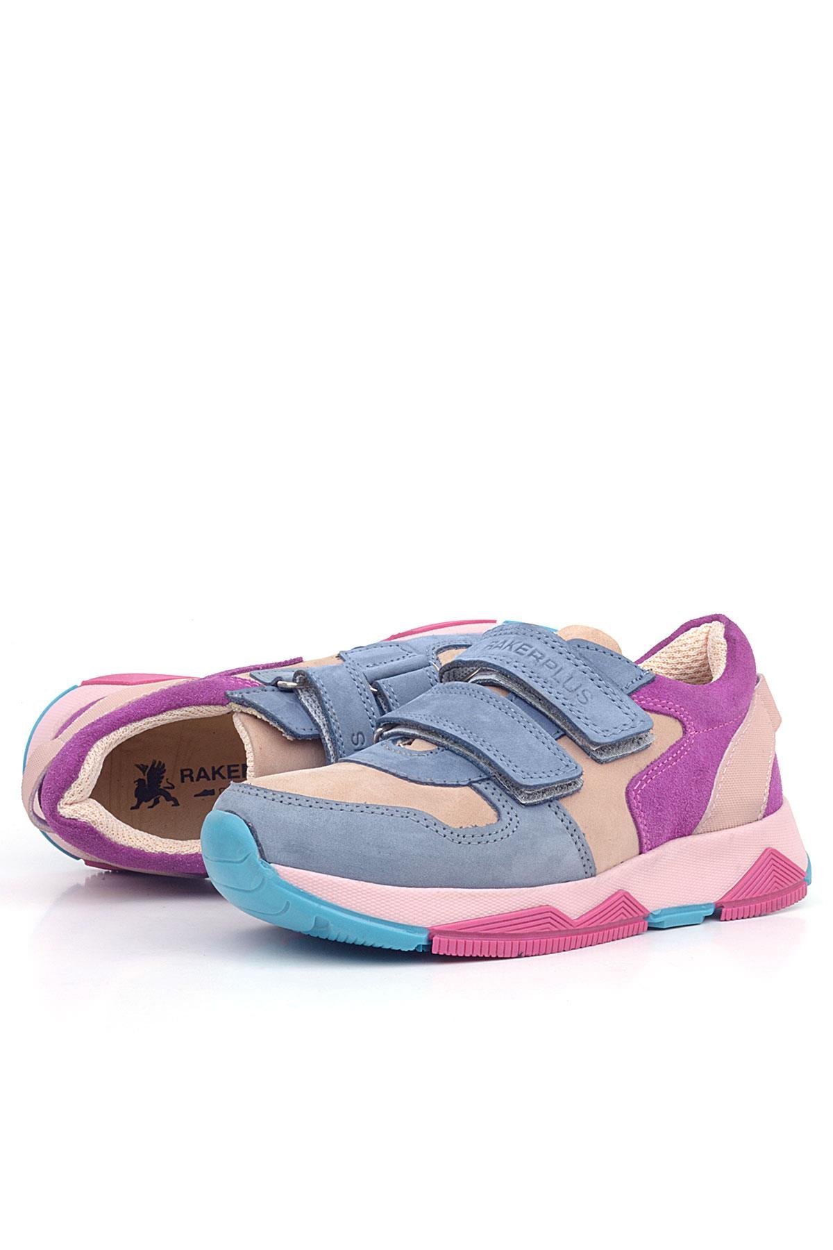 Hakiki Deri Pudra Mavi Fuşya Çocuk Sneakers Spor Ayakkabı - Görsel 7