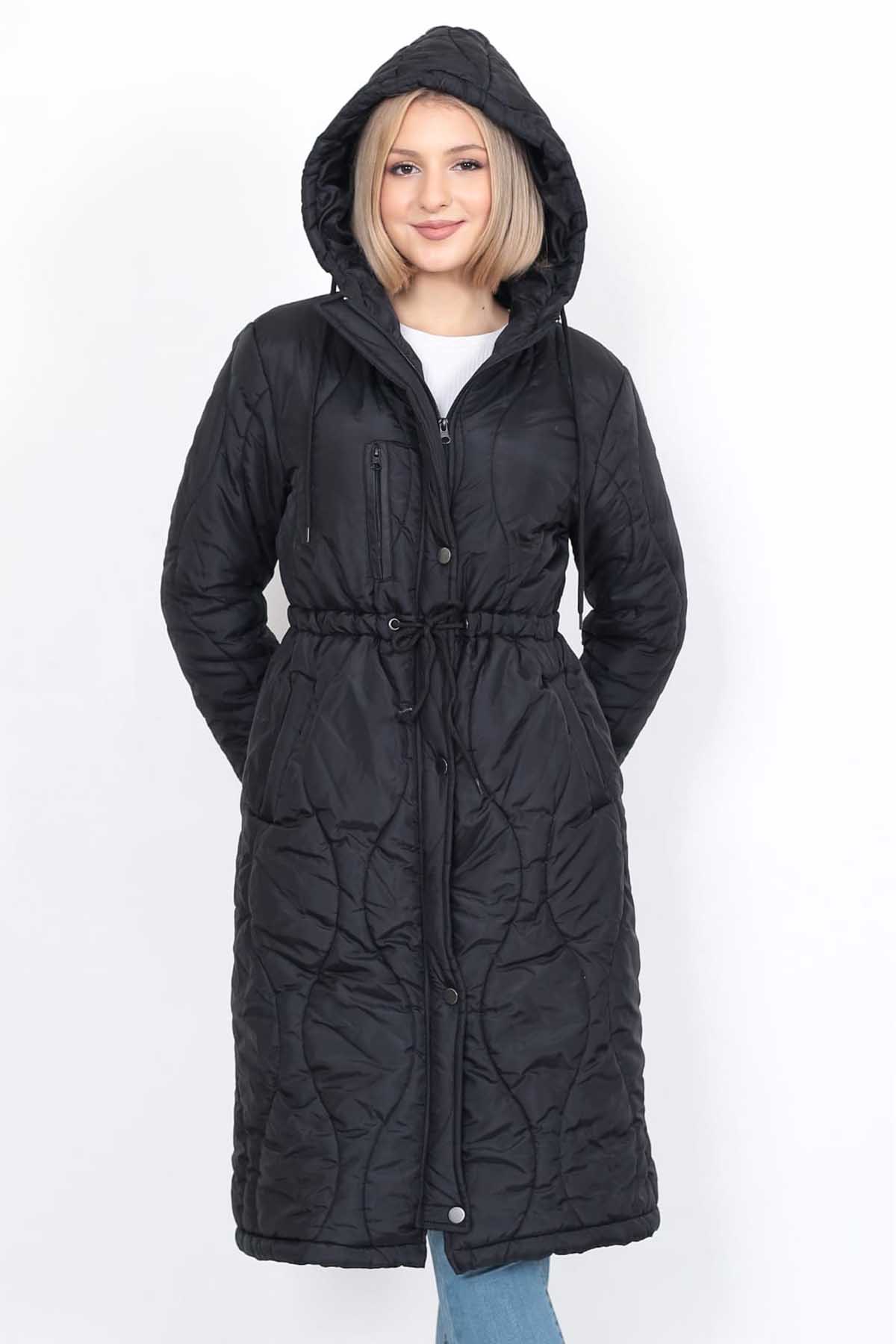 Kadın Kapüşonlu Belden Bağlamalı Uzun Mont 0699 Siyah Fiyatları | Flo