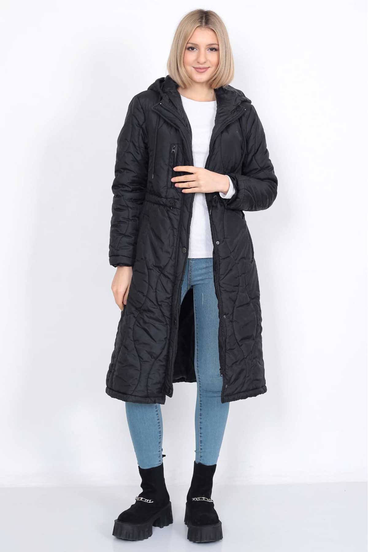 Kadın Kapüşonlu Belden Bağlamalı Uzun Mont 0699 Siyah Fiyatları | Flo