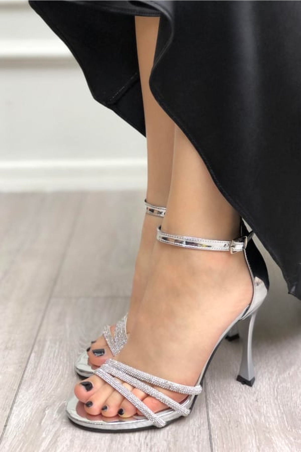 Üç Şerit Taş Detaylı Platform 11 cm İnce Topuklu Kadın Ayakkabı - Görsel 5