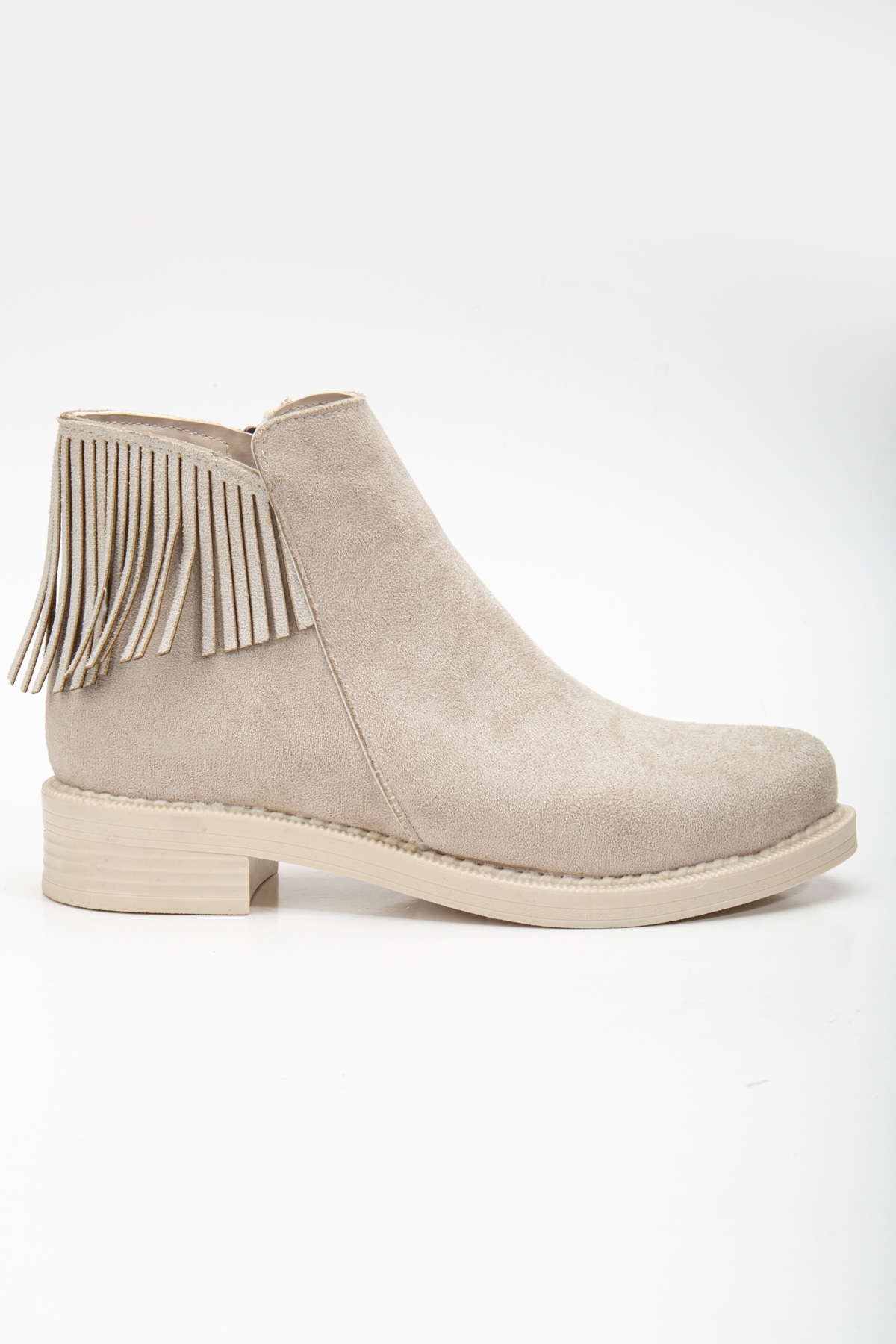 Kadın Ten Süet Termo Taban Püskül Detaylı Fermuarlı Kısa Topuklu Bot - Görsel 4