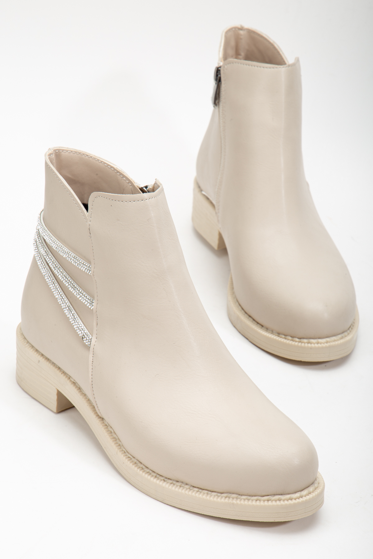 Kadın Ten Cilt Termo Taban Üç Taş Halatlı Fermuarlı Kısa Topuklu Bot - Görsel 4