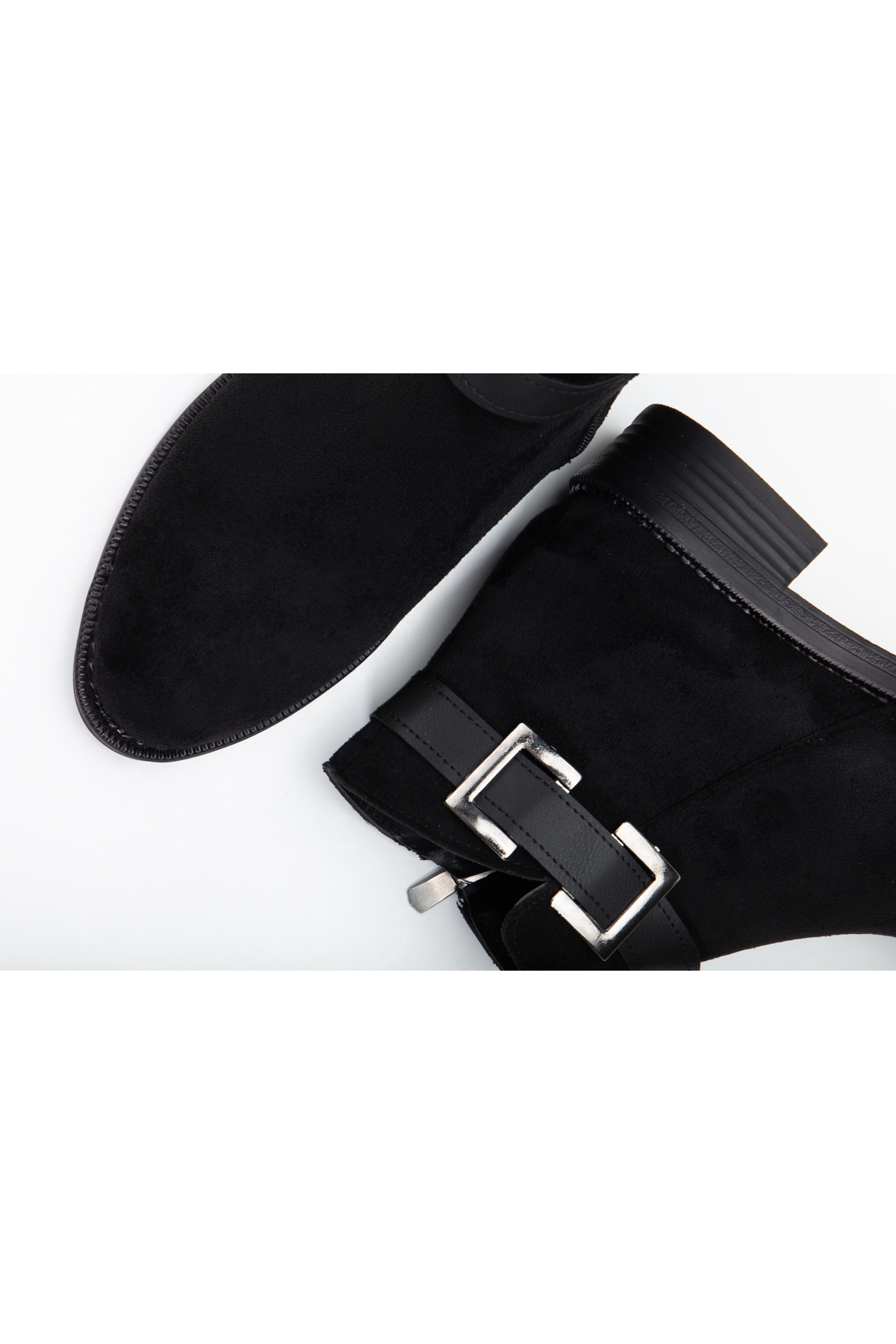 Kadın Siyah Süet Termo Taban Tokalı Fermuarlı Kısa Topuklu Bot - Görsel 5