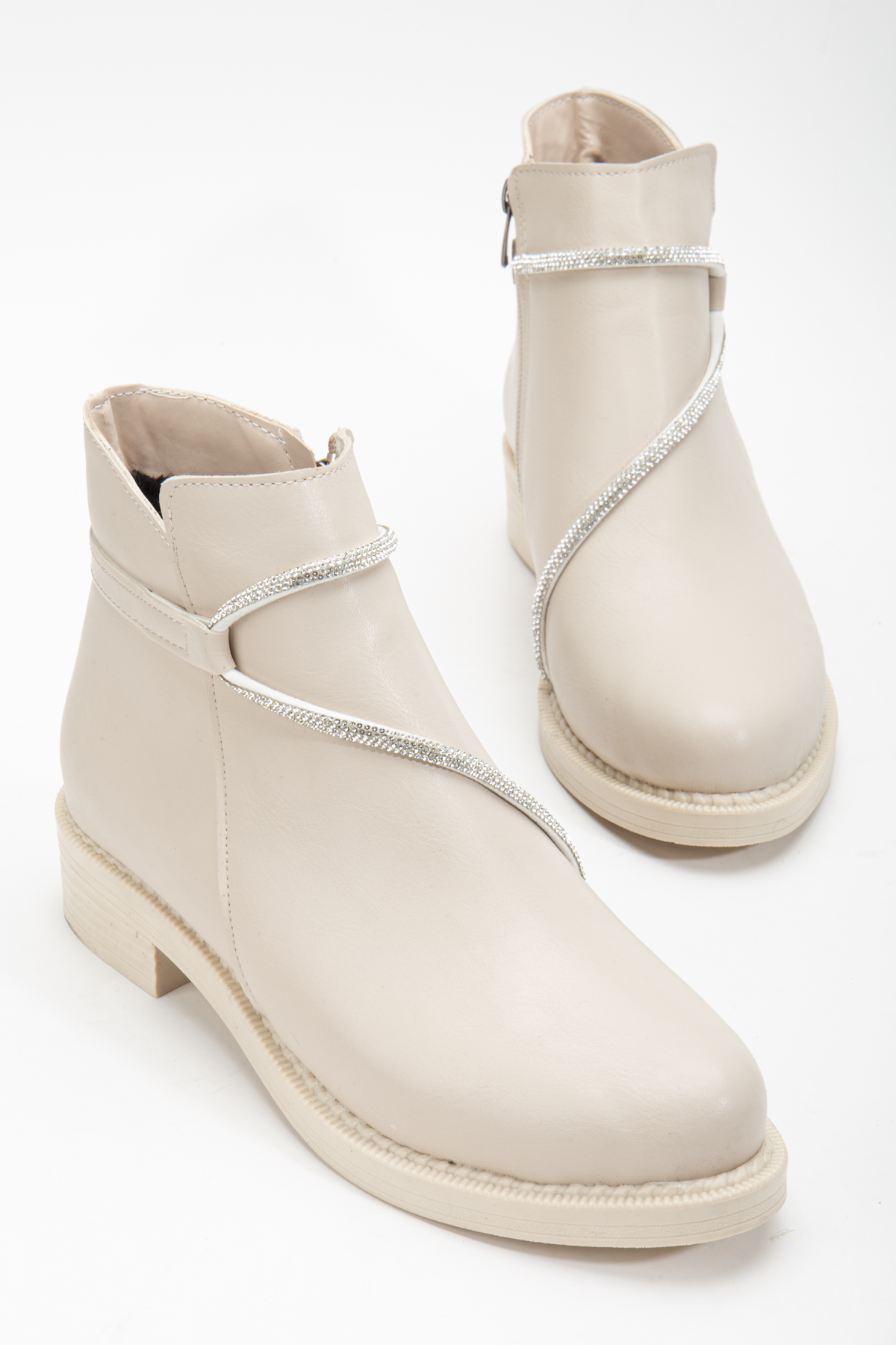 Kadın Ten Cilt Termo Taban Taş Halatlı Fermuarlı Kısa Topuklu Bot - Görsel 4