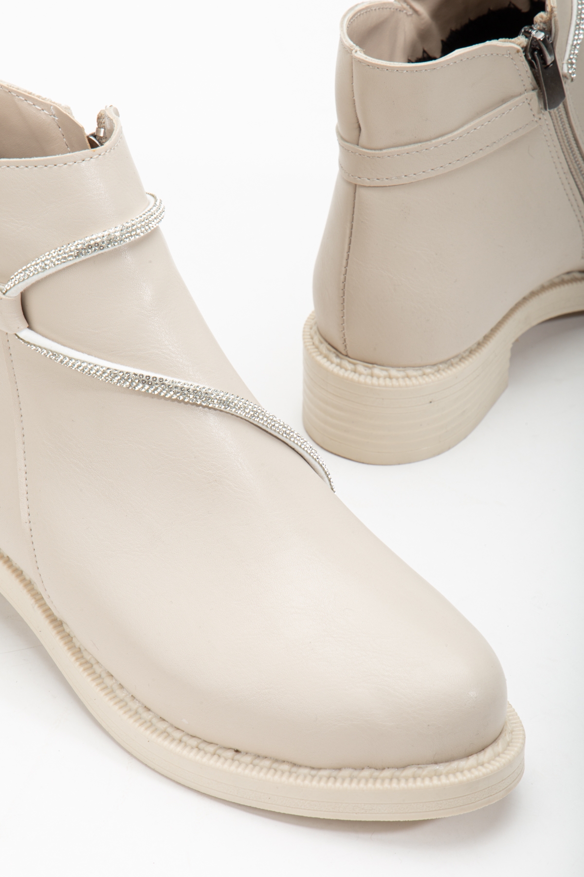 Kadın Ten Cilt Termo Taban Taş Halatlı Fermuarlı Kısa Topuklu Bot - Görsel 5