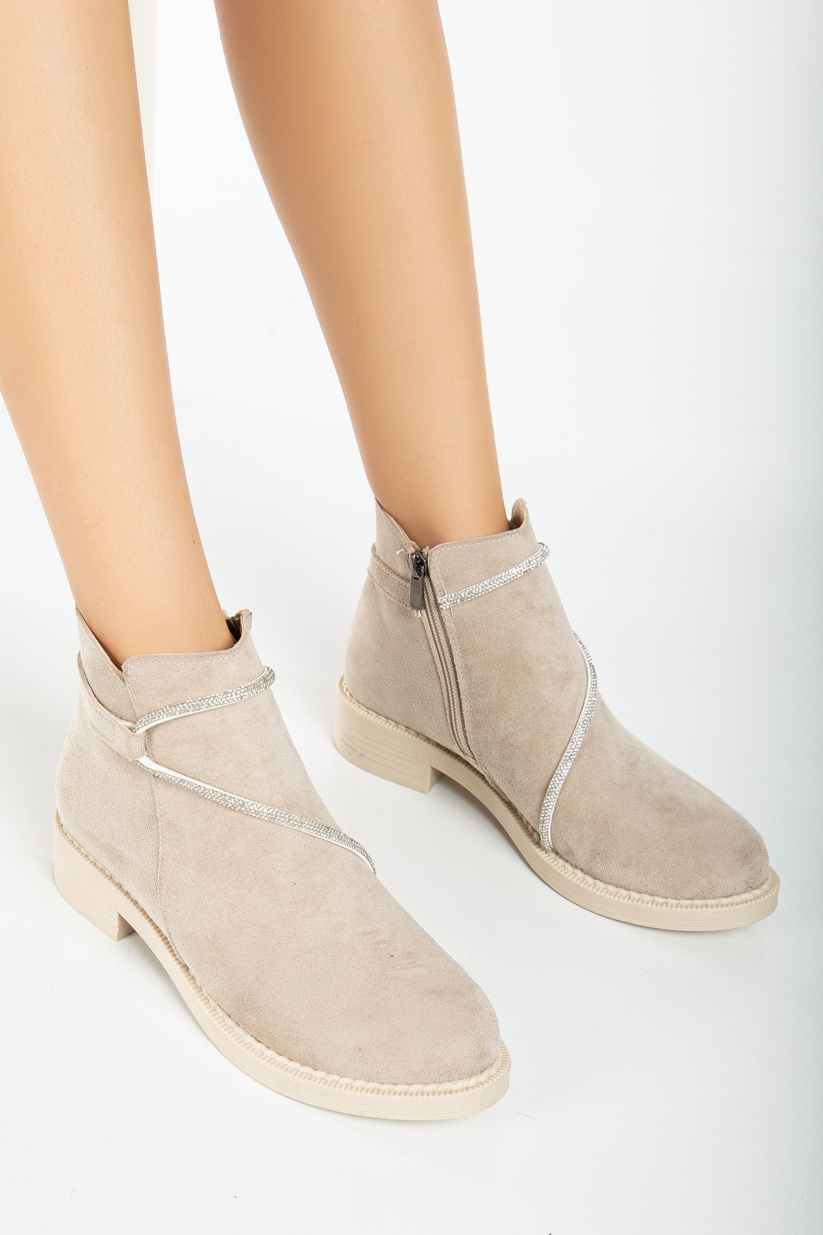 Tonny Black Kadın Ten Süet Termo Taban Taş Halatlı Fermuarlı Kısa Topuklu Bot - Görsel 3