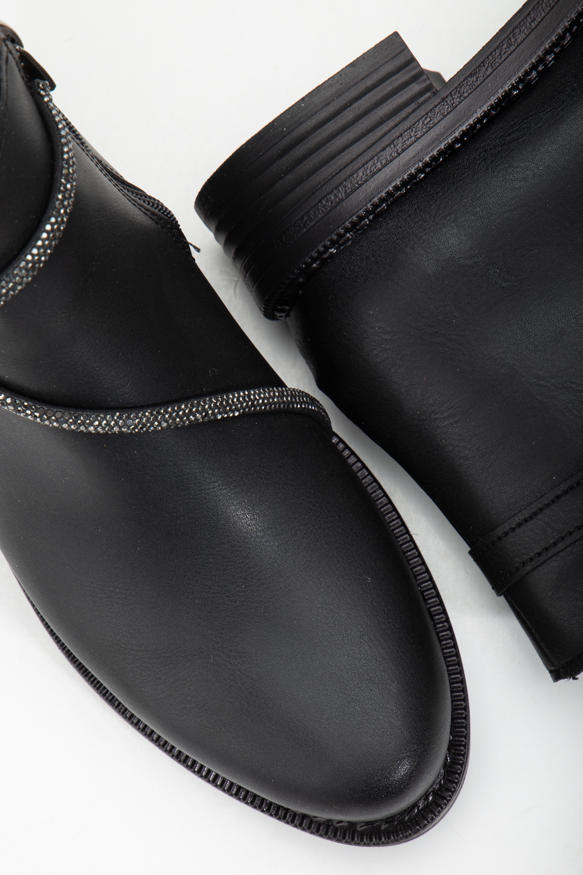 Kadın Siyah Cilt Termo Taban Taş Halatlı Fermuarlı Kısa Topuklu Bot - Görsel 5