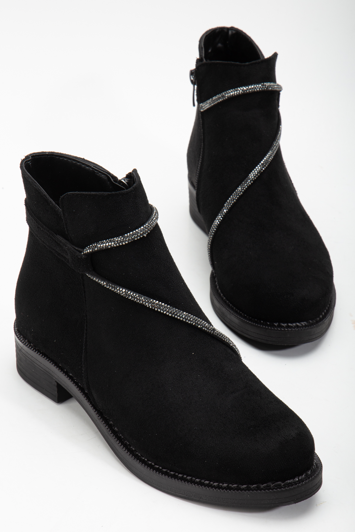 Tonny Black Kadın Siyah Süet Termo Taban Taş Halatlı Fermuarlı Kısa Topuklu Bot - Görsel 2