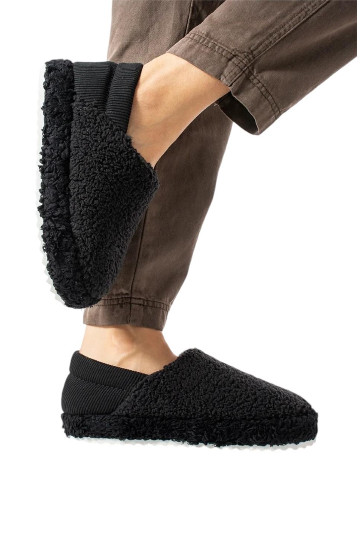 Kadın Lastikli Kaymaz Taban Peluş Havlu Kumaş Ev Ayakkabısı Panduf SİYAH - Görsel 2