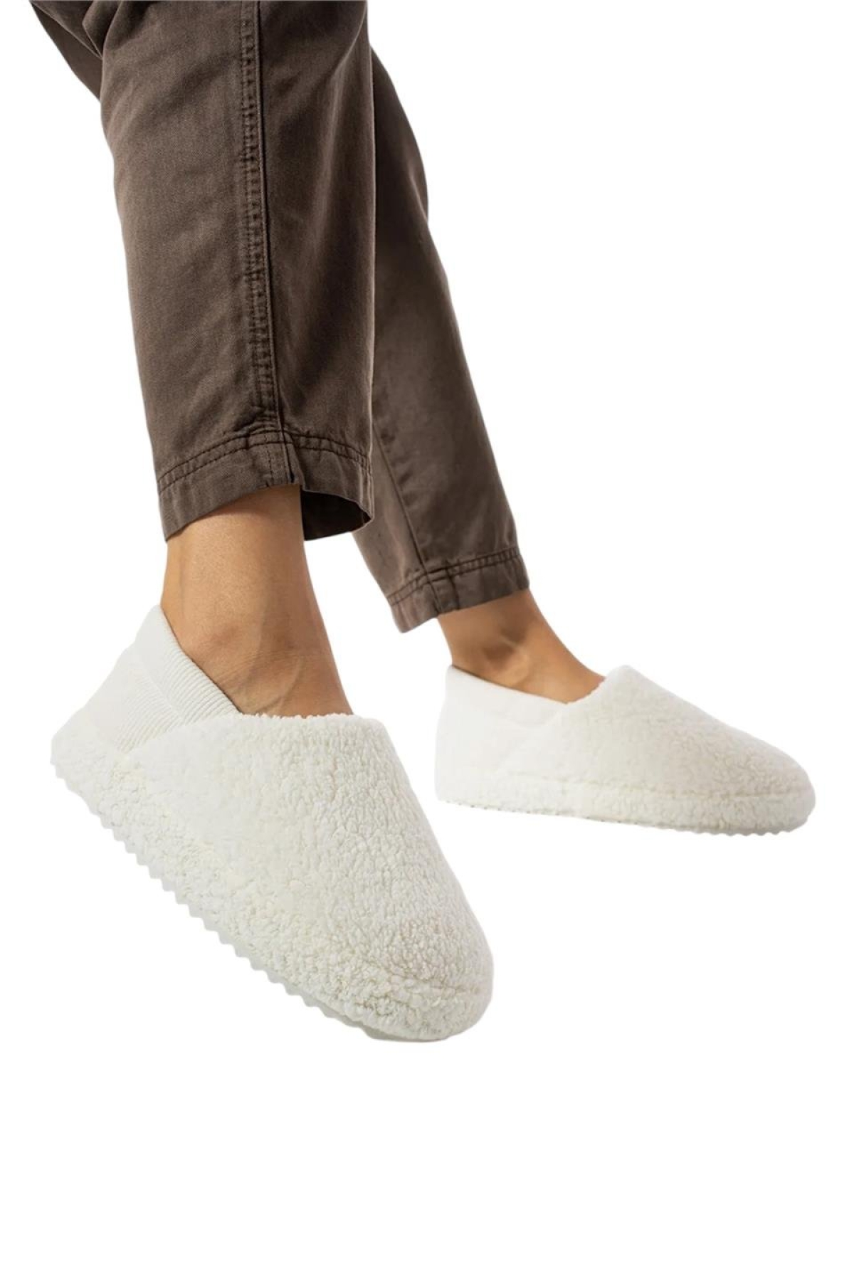 Kadın Lastikli Kaymaz Taban Peluş Havlu Kumaş Ev Ayakkabısı Panduf BEYAZ - Görsel 2