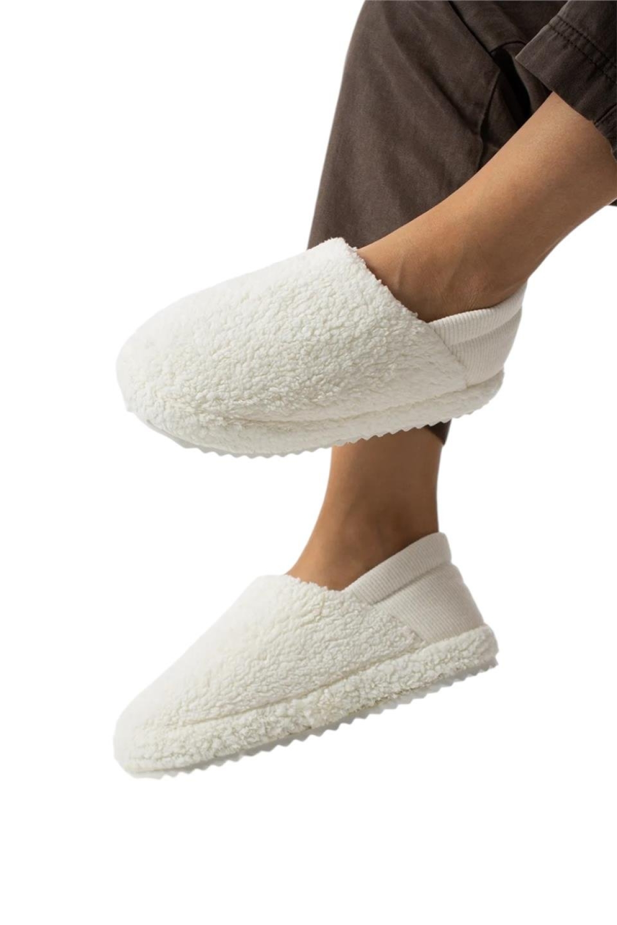 Kadın Lastikli Kaymaz Taban Peluş Havlu Kumaş Ev Ayakkabısı Panduf BEYAZ - Görsel 4