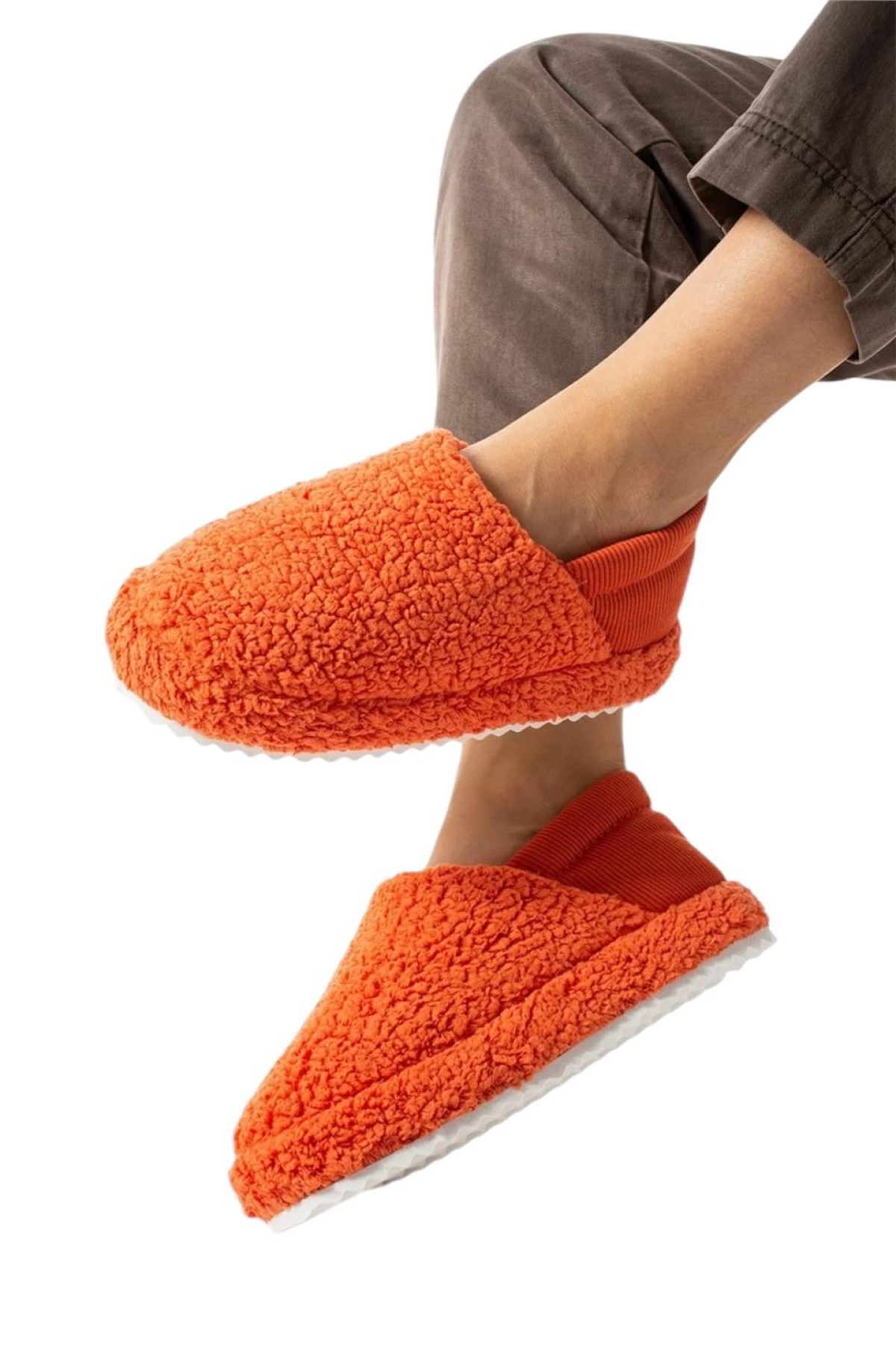 Kadın Lastikli Kaymaz Taban Peluş Havlu Kumaş Ev Ayakkabısı Panduf TURUNCU - Görsel 3