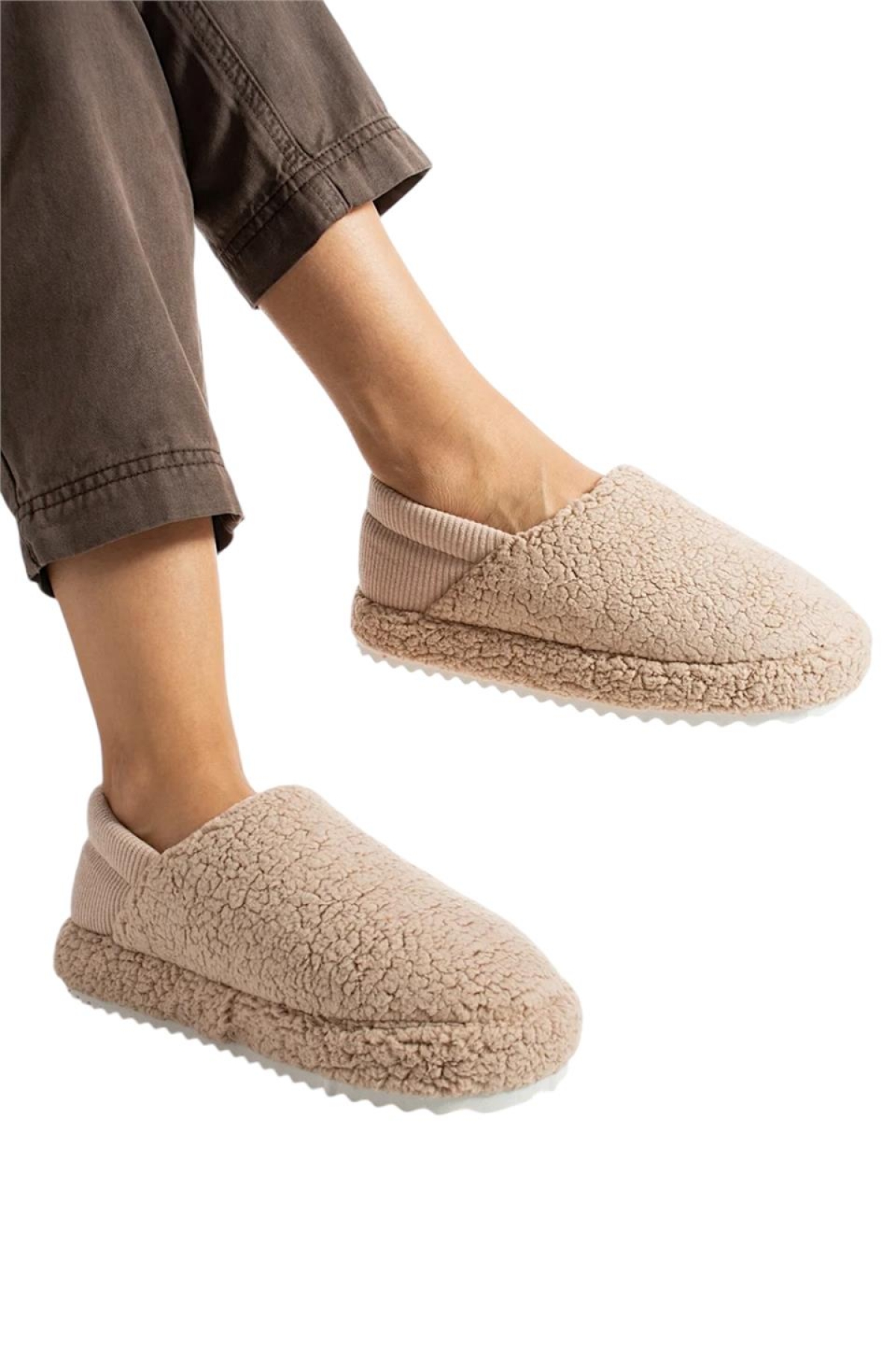 Kadın Lastikli Kaymaz Taban Peluş Havlu Kumaş Ev Ayakkabısı Panduf BEJ - Görsel 2
