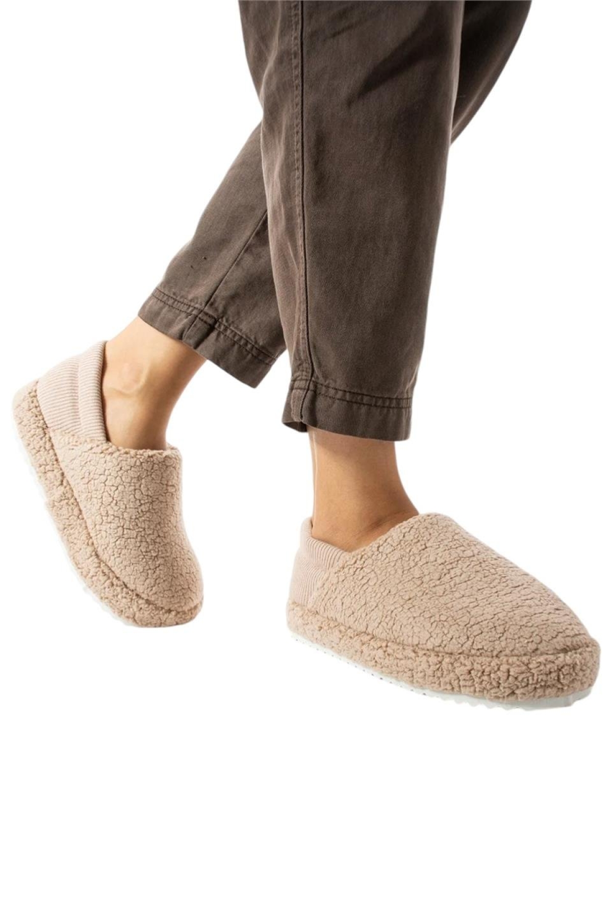 Kadın Lastikli Kaymaz Taban Peluş Havlu Kumaş Ev Ayakkabısı Panduf BEJ - Görsel 3