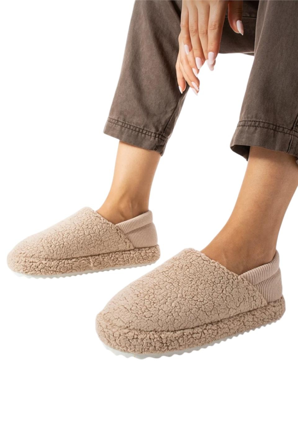 Kadın Lastikli Kaymaz Taban Peluş Havlu Kumaş Ev Ayakkabısı Panduf BEJ - Görsel 4