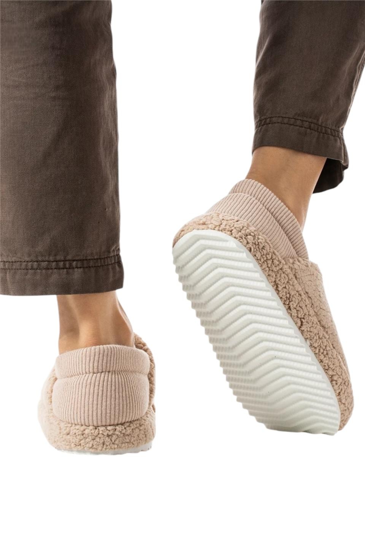 Kadın Lastikli Kaymaz Taban Peluş Havlu Kumaş Ev Ayakkabısı Panduf BEJ - Görsel 5