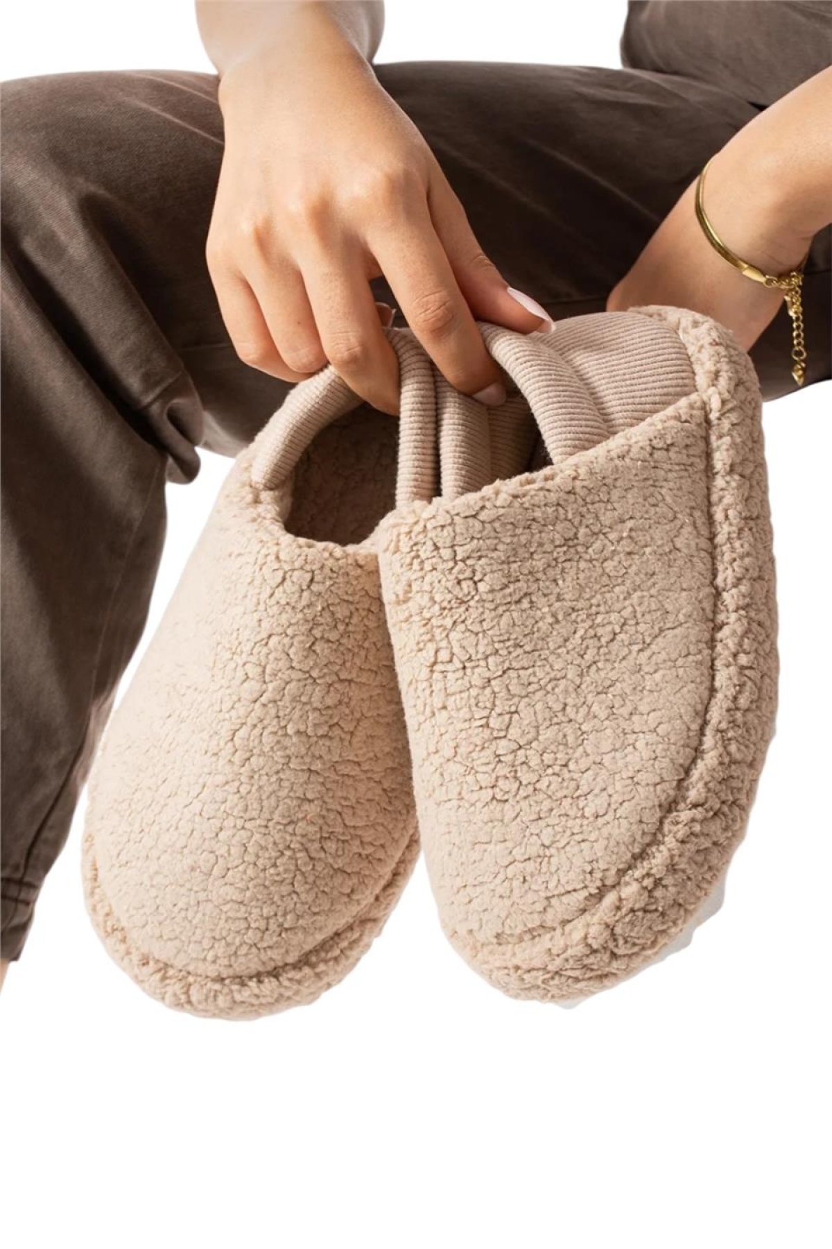 Kadın Lastikli Kaymaz Taban Peluş Havlu Kumaş Ev Ayakkabısı Panduf BEJ - Görsel 6