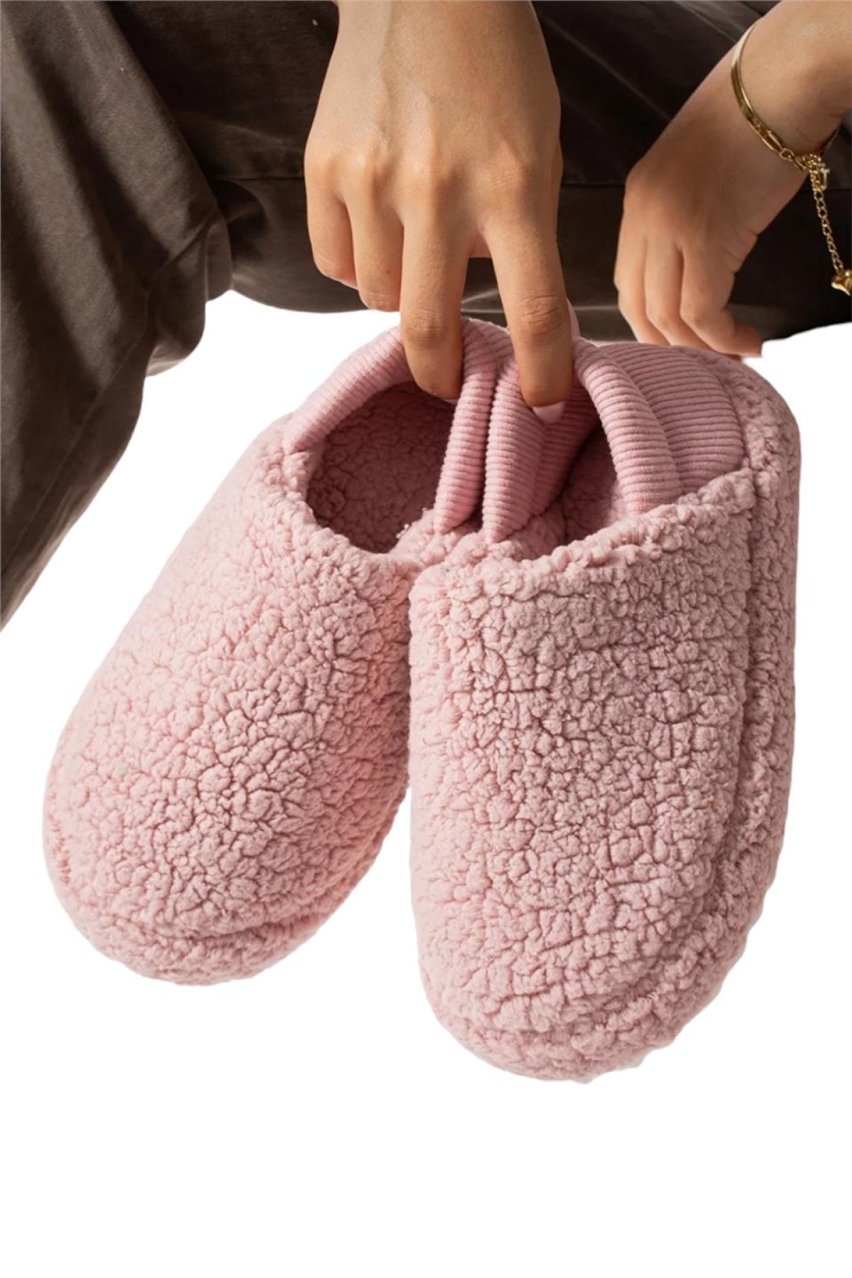 Kadın Lastikli Kaymaz Taban Peluş Havlu Kumaş Ev Ayakkabısı Panduf PUDRA - Görsel 6