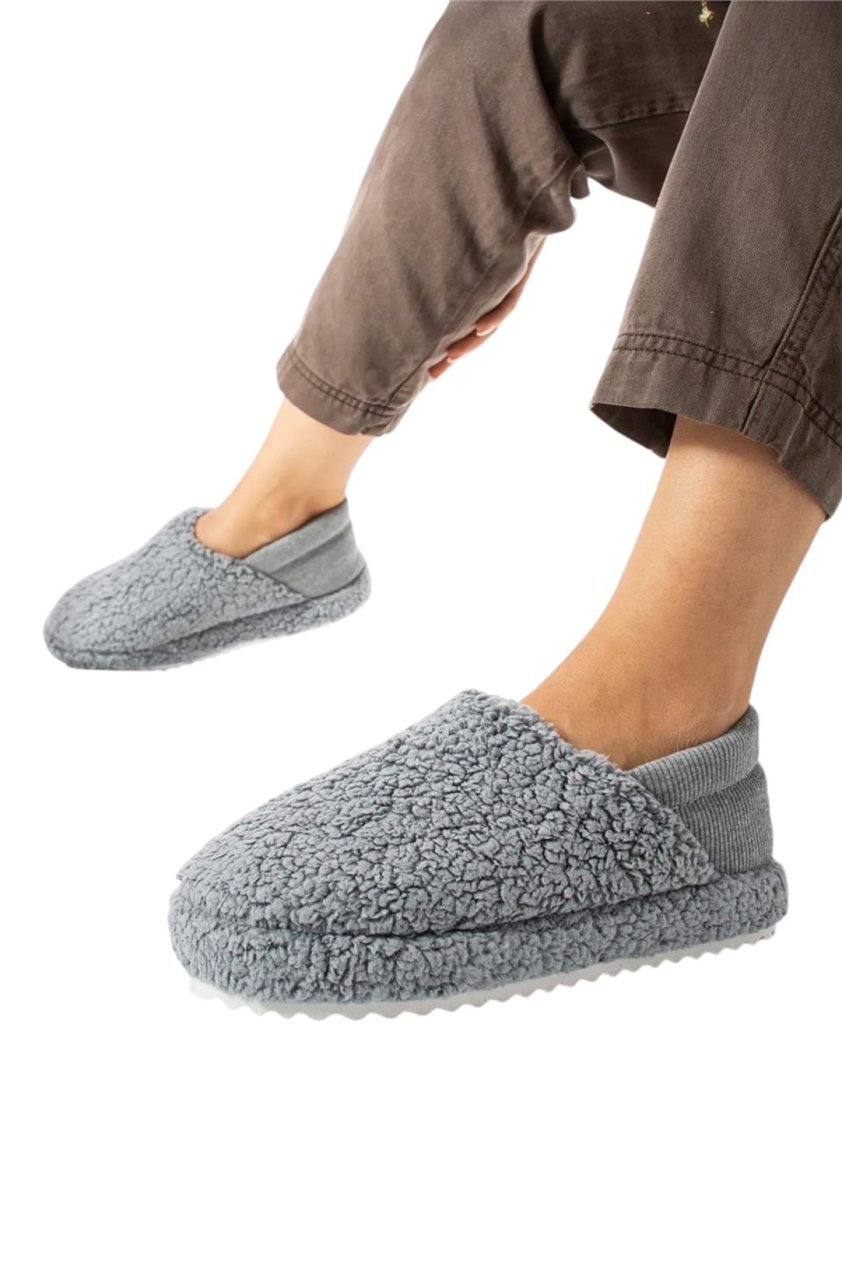 Kadın Lastikli Kaymaz Taban Peluş Havlu Kumaş Ev Ayakkabısı Panduf GRİ - Görsel 4