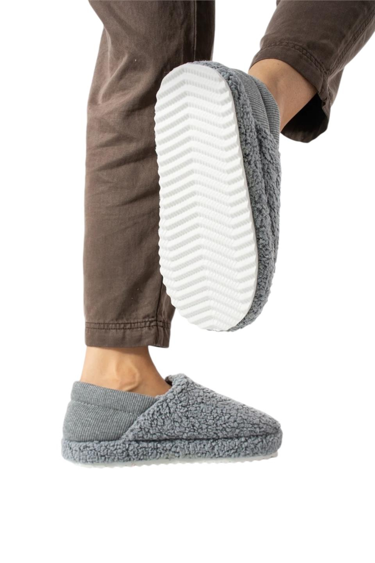 Kadın Lastikli Kaymaz Taban Peluş Havlu Kumaş Ev Ayakkabısı Panduf GRİ - Görsel 5