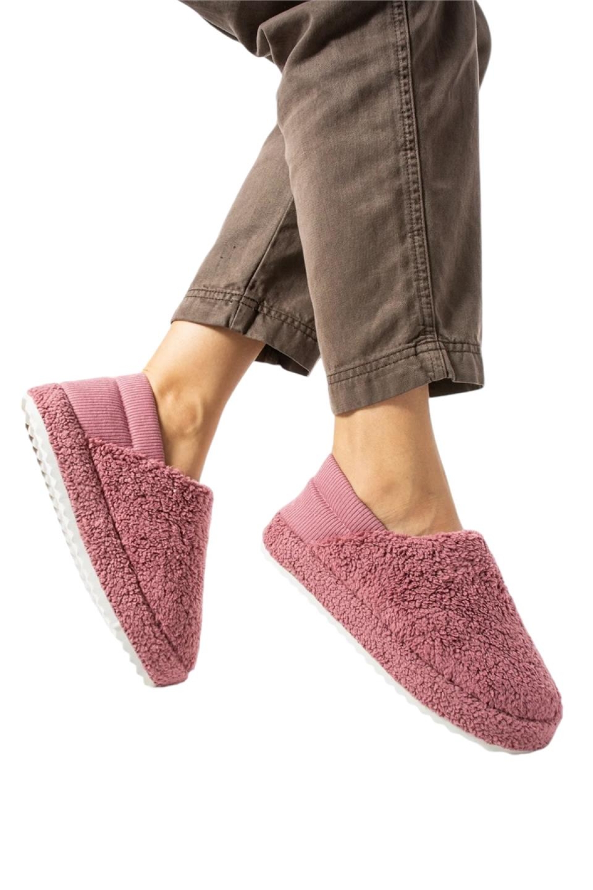 Kadın Lastikli Kaymaz Taban Peluş Havlu Kumaş Ev Ayakkabısı Panduf PEMBE - Görsel 3
