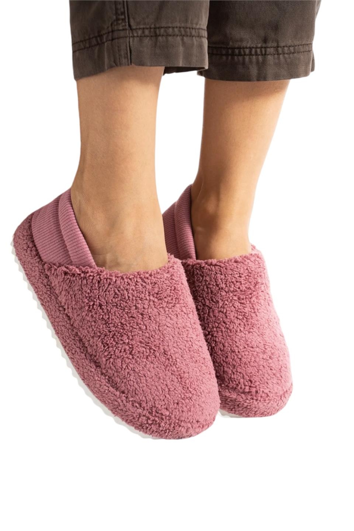 Kadın Lastikli Kaymaz Taban Peluş Havlu Kumaş Ev Ayakkabısı Panduf PEMBE - Görsel 4