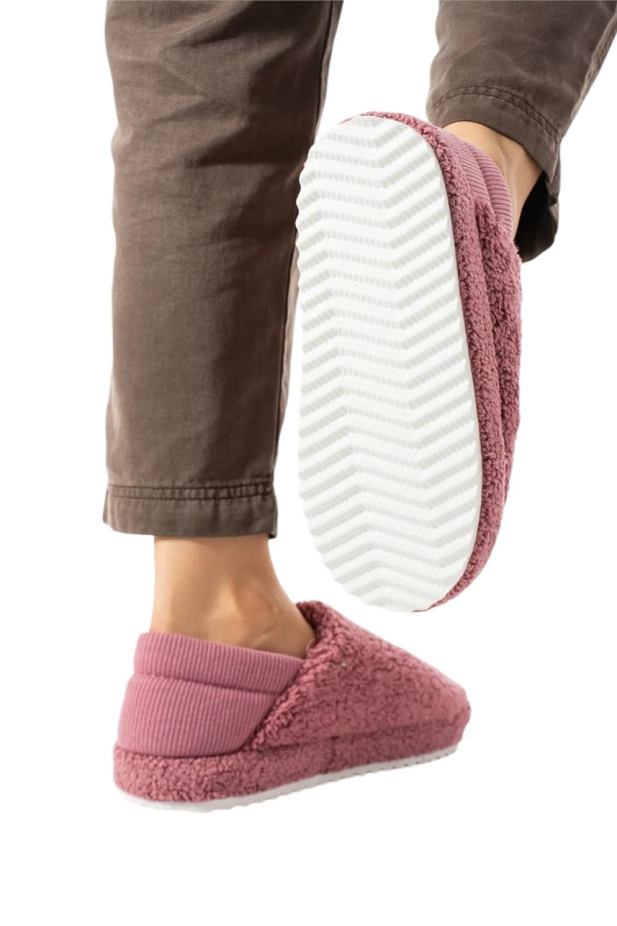 Kadın Lastikli Kaymaz Taban Peluş Havlu Kumaş Ev Ayakkabısı Panduf PEMBE - Görsel 5