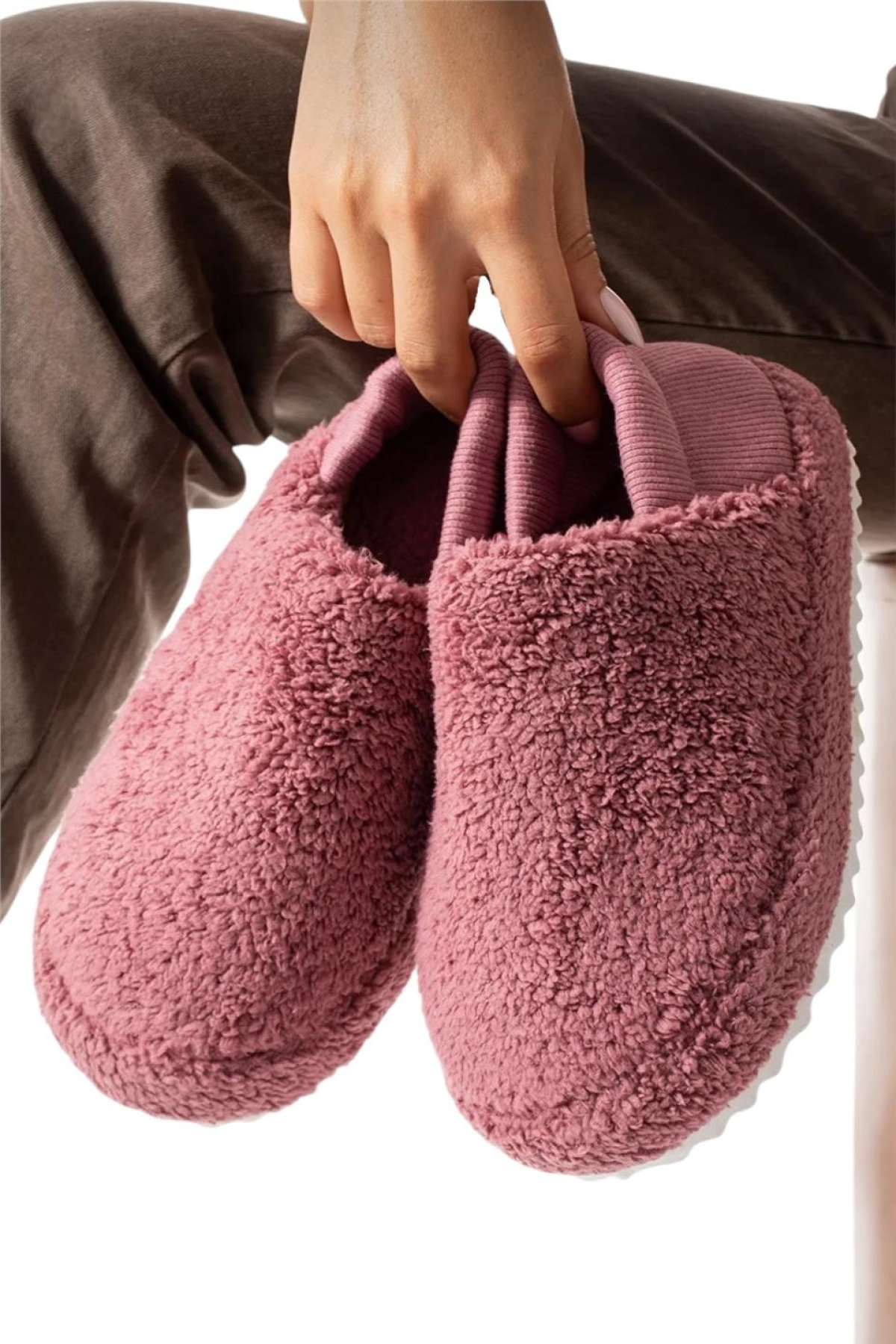 Kadın Lastikli Kaymaz Taban Peluş Havlu Kumaş Ev Ayakkabısı Panduf PEMBE - Görsel 6