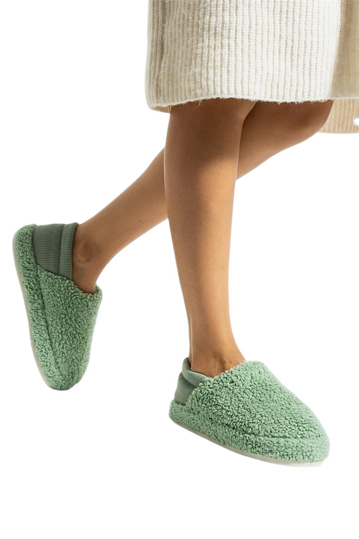Kadın Lastikli Kaymaz Taban Peluş Havlu Kumaş Ev Ayakkabısı Panduf YEŞİL - Görsel 4