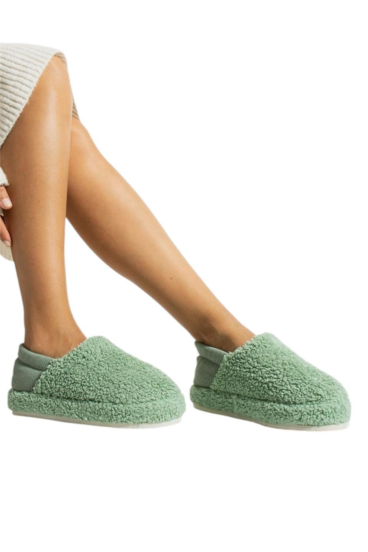 Kadın Lastikli Kaymaz Taban Peluş Havlu Kumaş Ev Ayakkabısı Panduf YEŞİL - Görsel 5