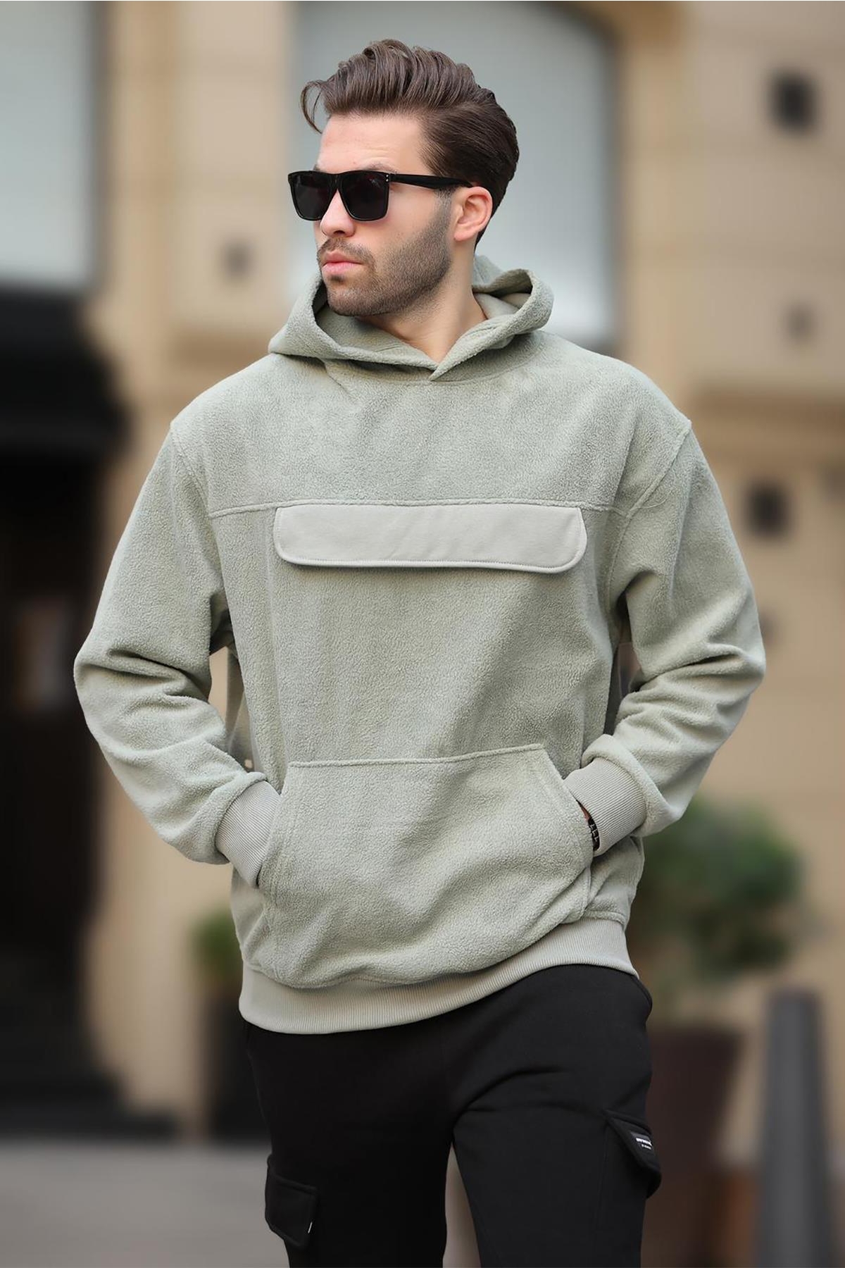 Çağla Yeşili Kapüşonlu Kapaklı Cep Detaylı Polar Erkek Sweatshirt 7097