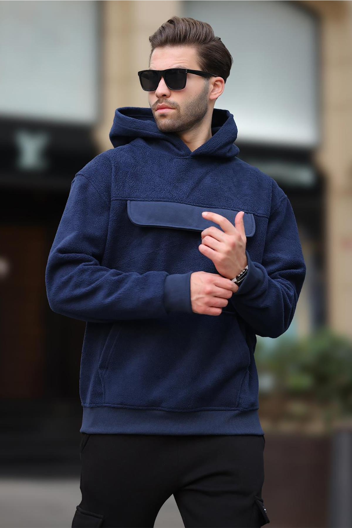 Lacivert Kapüşonlu Kapaklı Cep Detaylı Polar Erkek Sweatshirt 7097