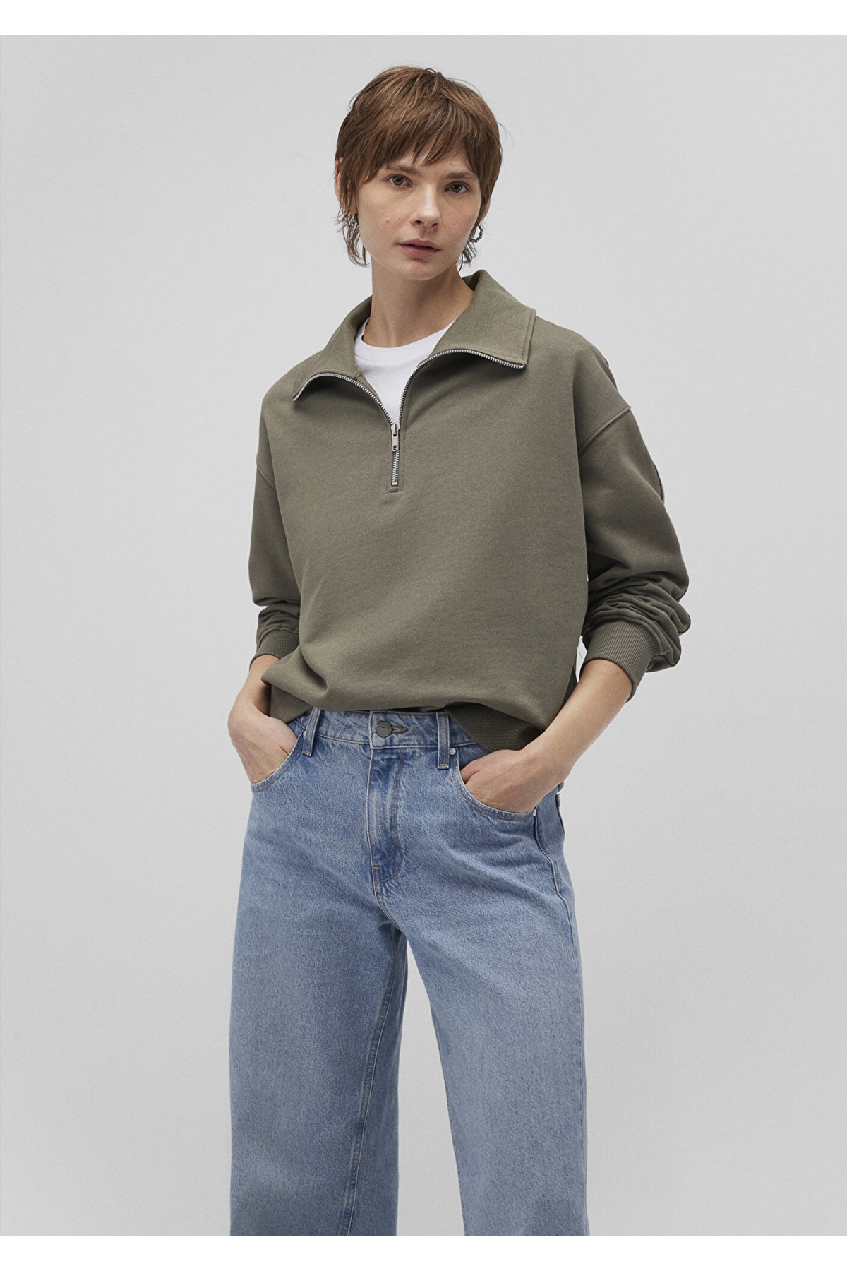 Yarı Fermuarlı Yeşil Basic Sweatshirt