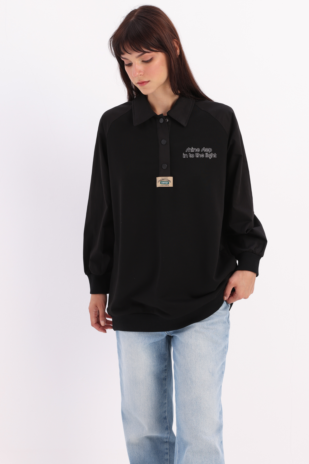 Siyah Pamuklu Garnili Polo Yaka Sweatshirt