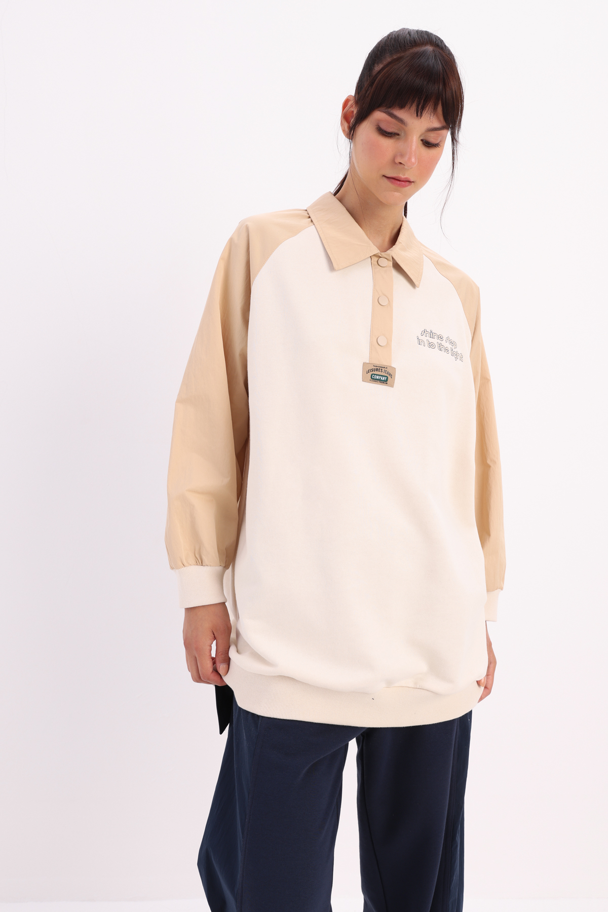 Ekru Pamuklu Garnili Polo Yaka Sweatshirt