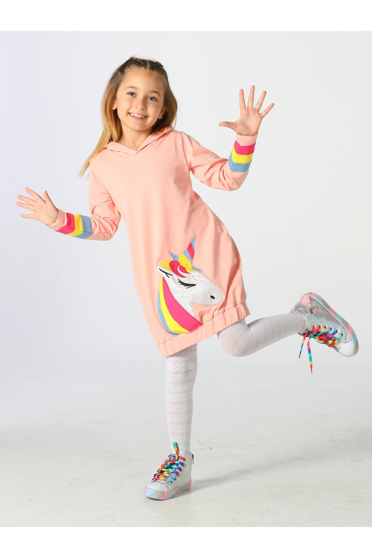 Unicorn Kolları Renkli Hoodie Kız Çocuk Elbise