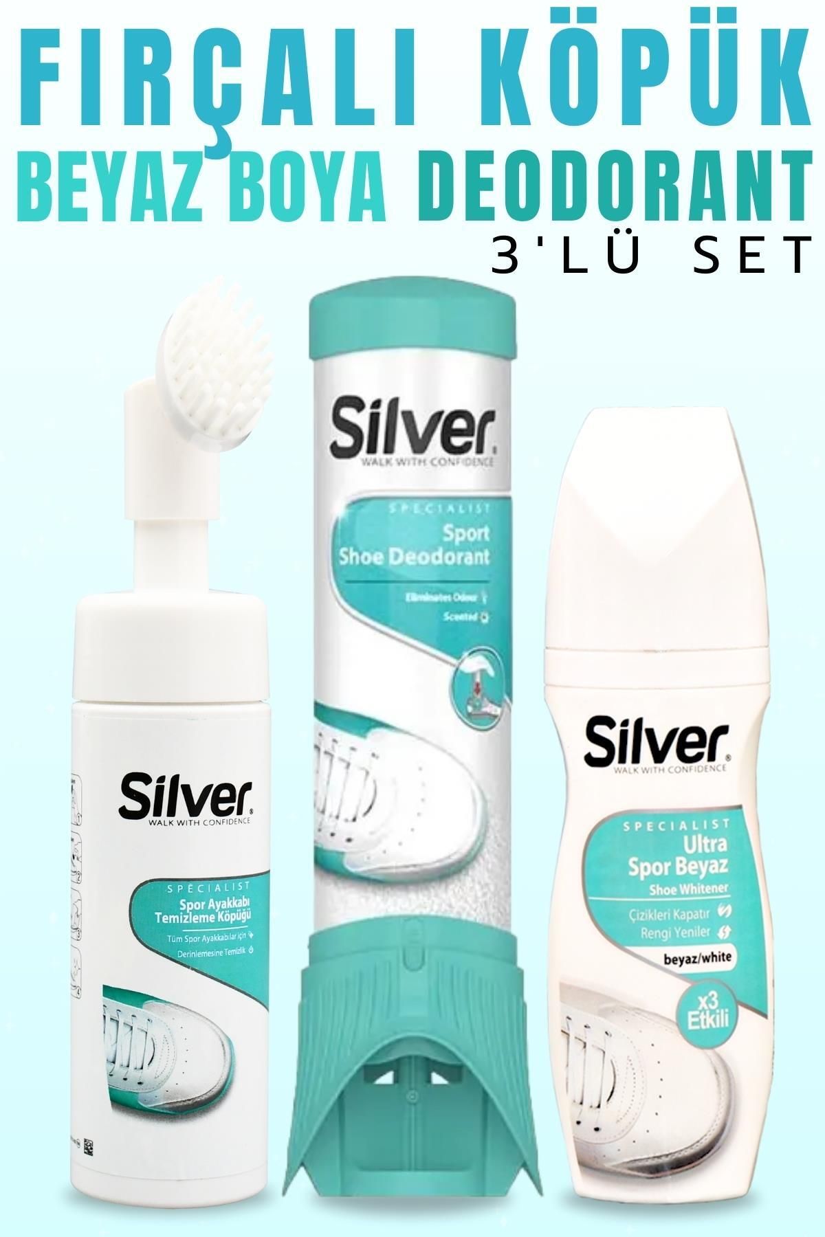 SİLVER Ayakkabı Deodorantı + Ultra Beyaz Ayakkabı Boyası + Fırçalı Temizleme Köpüğü