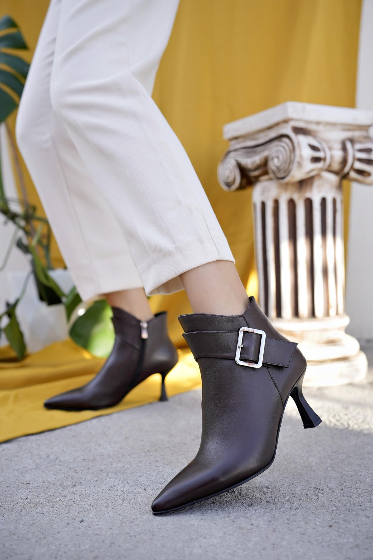 MONİCA Garantili Hakiki Deri Kemer ve Toka Detaylı Fermuarlı İnce Topuklu Kadın Bot - Görsel 3