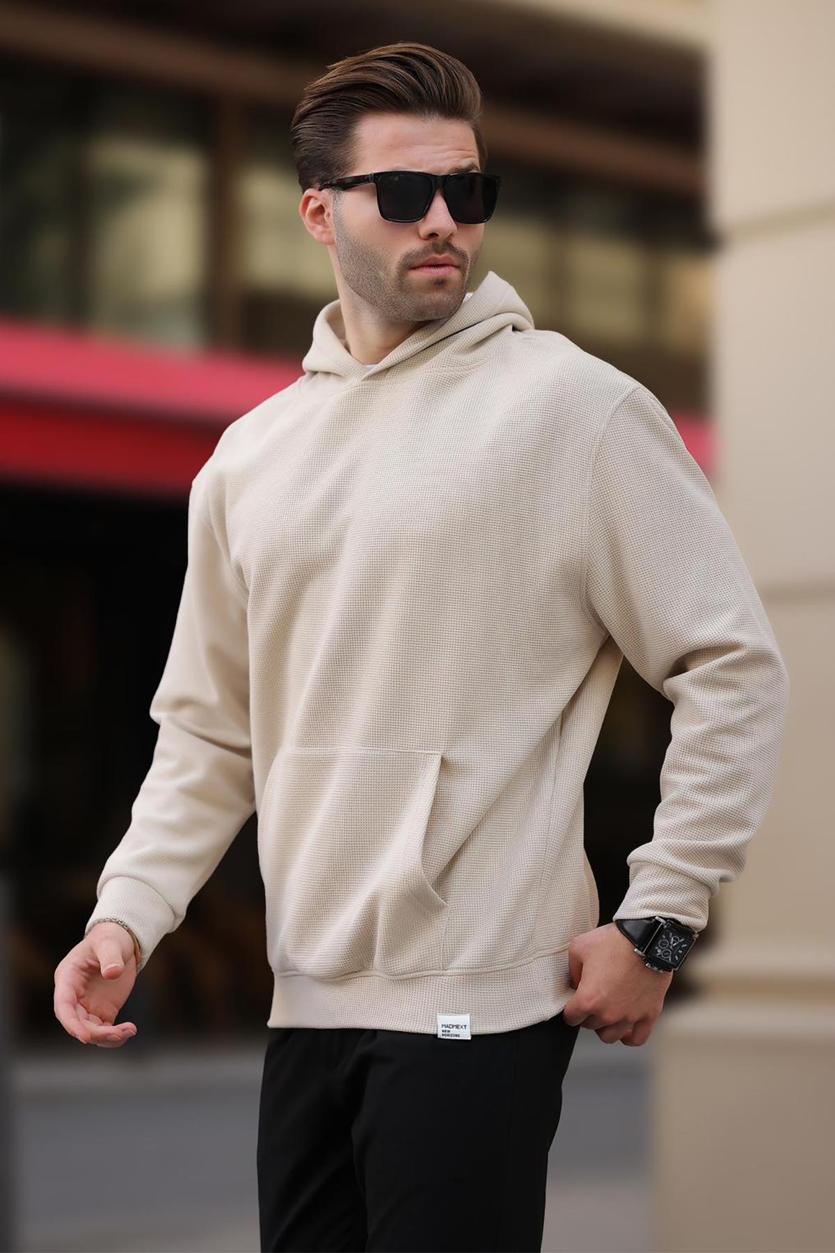 Bej Kapüşonlu Cep Detaylı Sweatshirt 7095